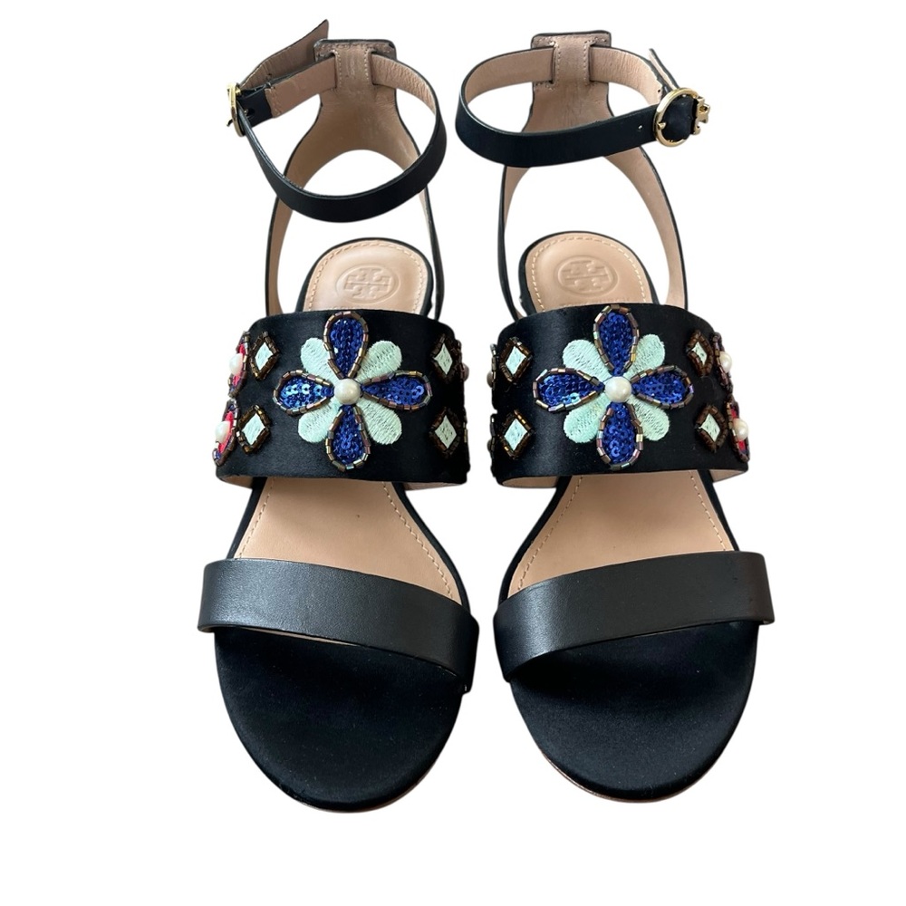 Tory Burch Estella Embellished Wedge Sandals Sequins & Embroidery Size 7M - Picture 5 of 12